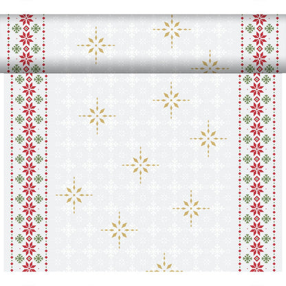The Dunicel-Tete a Tete 0.4x24m from Duni GmbH features golden snowflakes in the center, red and green floral borders, and a subtle white snowflake background - perfect as an elegant table runner or table decoration.
