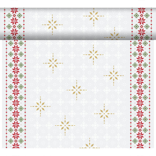 The Dunicel-Tete a Tete 0.4x24m from Duni GmbH features golden snowflakes in the center, red and green floral borders, and a subtle white snowflake background - perfect as an elegant table runner or table decoration.