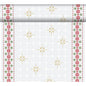 The Dunicel-Tete a Tete 0.4x24m from Duni GmbH features golden snowflakes in the center, red and green floral borders, and a subtle white snowflake background - perfect as an elegant table runner or table decoration.