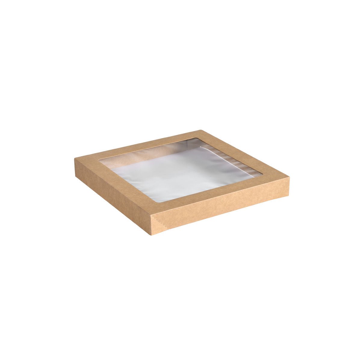 The Duni GmbH Catering Lid Cardboard/PLA in small brown (229x228 mm) is a square, flat cardboard lid with a transparent biodegradable PLA window, depicted on a white background. The package contains 100 pieces.