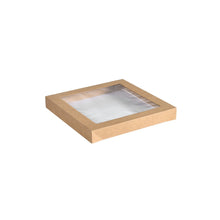 The Duni GmbH Catering Lid Cardboard/PLA in small brown (229x228 mm) is a square, flat cardboard lid with a transparent biodegradable PLA window, depicted on a white background. The package contains 100 pieces.