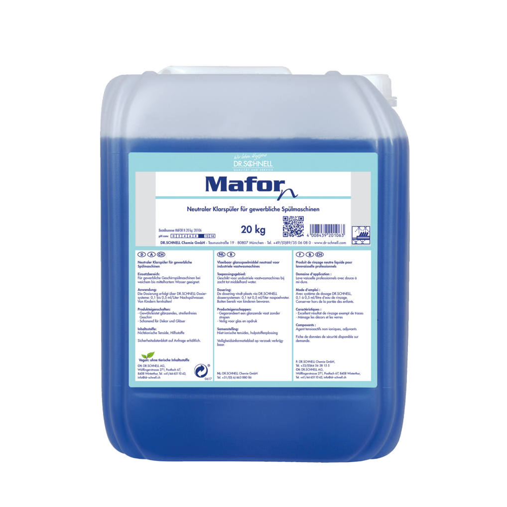 A 20 kg plastic container Dr. Schnell MAFOR N 1 rinse aid for dishwashers by DR.SCHNELL GmbH & Co. KGaA, blue liquid, German label, for commercial dishwashers, ensures streak-free shine on dishes.