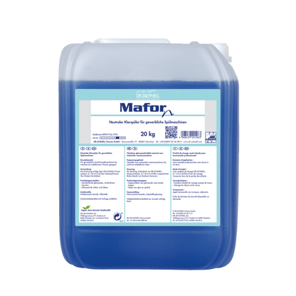 A 20 kg plastic container Dr. Schnell MAFOR N 1 rinse aid for dishwashers by DR.SCHNELL GmbH & Co. KGaA, blue liquid, German label, for commercial dishwashers, ensures streak-free shine on dishes.