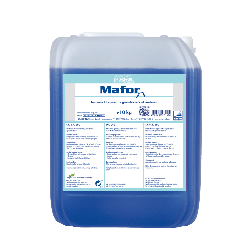 A 10 kg transparent plastic container of Dr. Schnell MAFOR N 1 rinse aid for dishwashers by DR.SCHNELL GmbH & Co. KGaA, filled with blue liquid; front label in German indicating streak-free shine in commercial dishwashers.