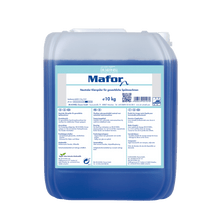 A 10 kg transparent plastic container of Dr. Schnell MAFOR N 1 rinse aid for dishwashers by DR.SCHNELL GmbH & Co. KGaA, filled with blue liquid; front label in German indicating streak-free shine in commercial dishwashers.