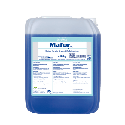 A 10 kg transparent plastic container of Dr. Schnell MAFOR N 1 rinse aid for dishwashers by DR.SCHNELL GmbH & Co. KGaA, filled with blue liquid; front label in German indicating streak-free shine in commercial dishwashers.