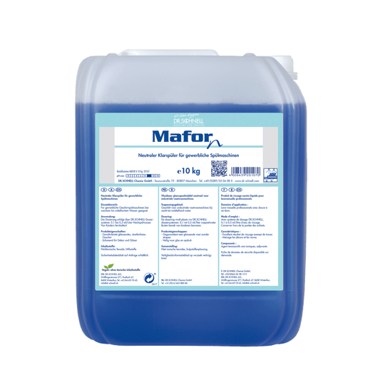 A 10 kg transparent plastic container of Dr. Schnell MAFOR N 1 rinse aid for dishwashers by DR.SCHNELL GmbH & Co. KGaA, filled with blue liquid; front label in German indicating streak-free shine in commercial dishwashers.