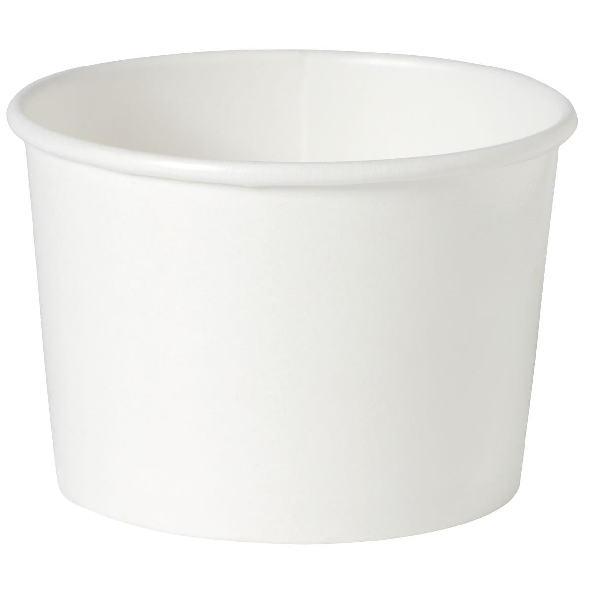 A Basic White Soup Cup Cardboard/PE from Duni GmbH stands in front of a white background. The cylindrical paper cup has a slightly flared rim, making it ideal for enjoying soup on the go.