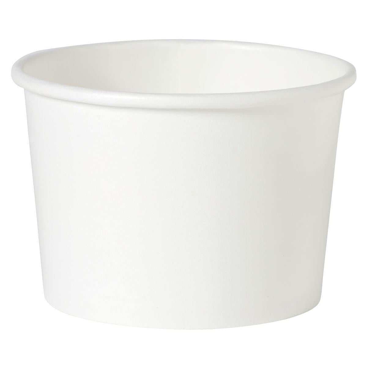 The Basic White Soup Cup Cardboard/PE from Duni GmbH is a simple white disposable paper cup with a rolled rim, depicted empty at a slight angle against a white background. Ideal as a soup cup on the go for convenient meals.