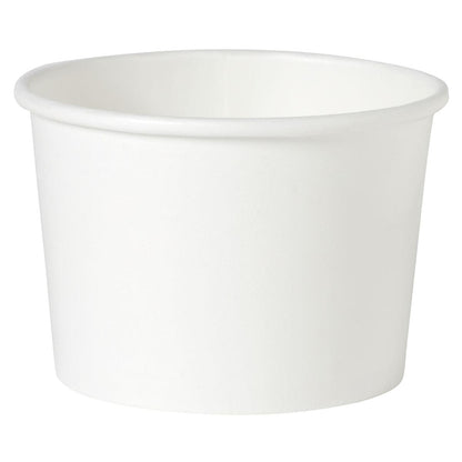 The Basic White Soup Cup Cardboard/PE from Duni GmbH is a simple white disposable paper cup with a rolled rim, depicted empty at a slight angle against a white background. Ideal as a soup cup on the go for convenient meals.