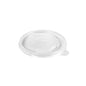 The lid for 201088 White PP 90x90x6 from Duni GmbH, in a pack of 50, is a round plastic lid with a raised center and a textured tab for easy removal - ideal for gastronomy storage, depicted on a plain white background.