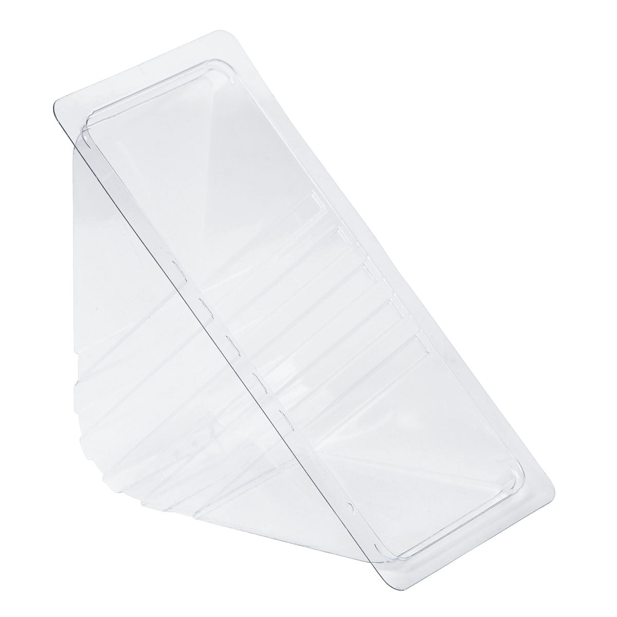 A transparent rPET sandwich tray (181x96x85 mm) from Duni GmbH, shown here empty with a hinged lid and angled view. Designed for a single sandwich, it offers an eco-friendly packaging solution. Available in packs of 1000 pieces.