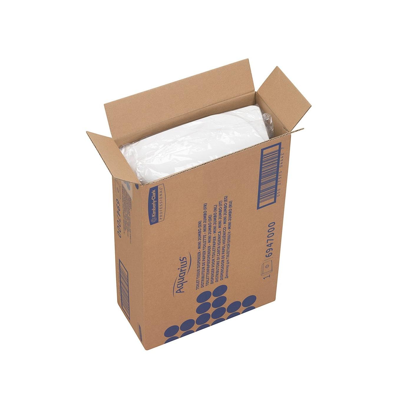 An open brown box labeled "Aquarius™ Toilet Tissue Dispenser" by Kimberly-Clark GmbH contains a white Jumbo Mini double roll dispenser. Blue dots and product details are printed on the side of the box.