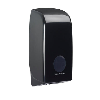 The Aquarius™ toilet paper dispenser from Kimberly-Clark GmbH is a black wall-mounted device with a round, transparent front window and a logo near the base - ideal for any bathroom. 1 dispenser per carton.