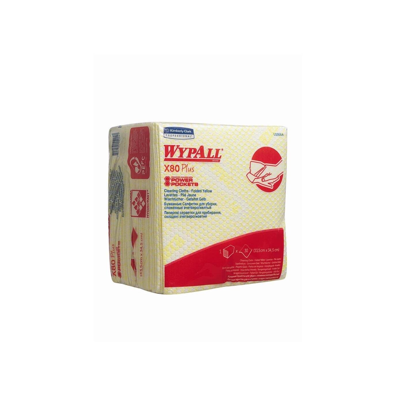 The WypAll® X80 Plus Critical Clean Interfold (Yellow, 8 packs x 30 wipes) from Kimberly-Clark GmbH has yellow packaging with illustrations and information on the front - ideal for critical areas.