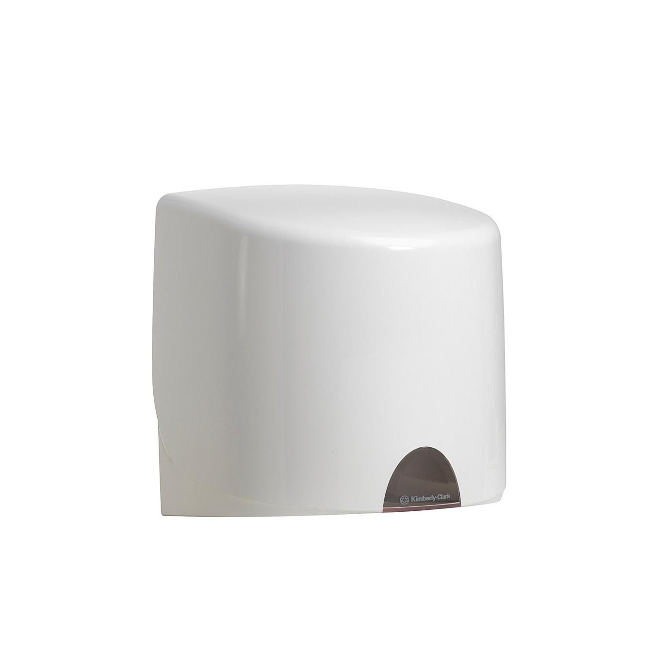 The Aquarius™ towel dispenser - central dispensing / white - from Kimberly-Clark GmbH is a white, wall-mounted dispenser with a rounded top and small opening for hygienic towel removal; the Kimberly-Clark logo is located near the opening.