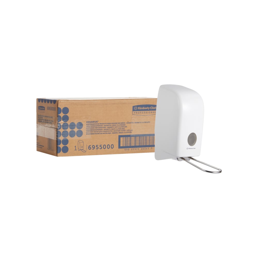A white Aquarius™ body wash dispenser (1 Ltr) from Kimberly-Clark GmbH stands next to a brown cardboard box with blue lettering on a plain white background.