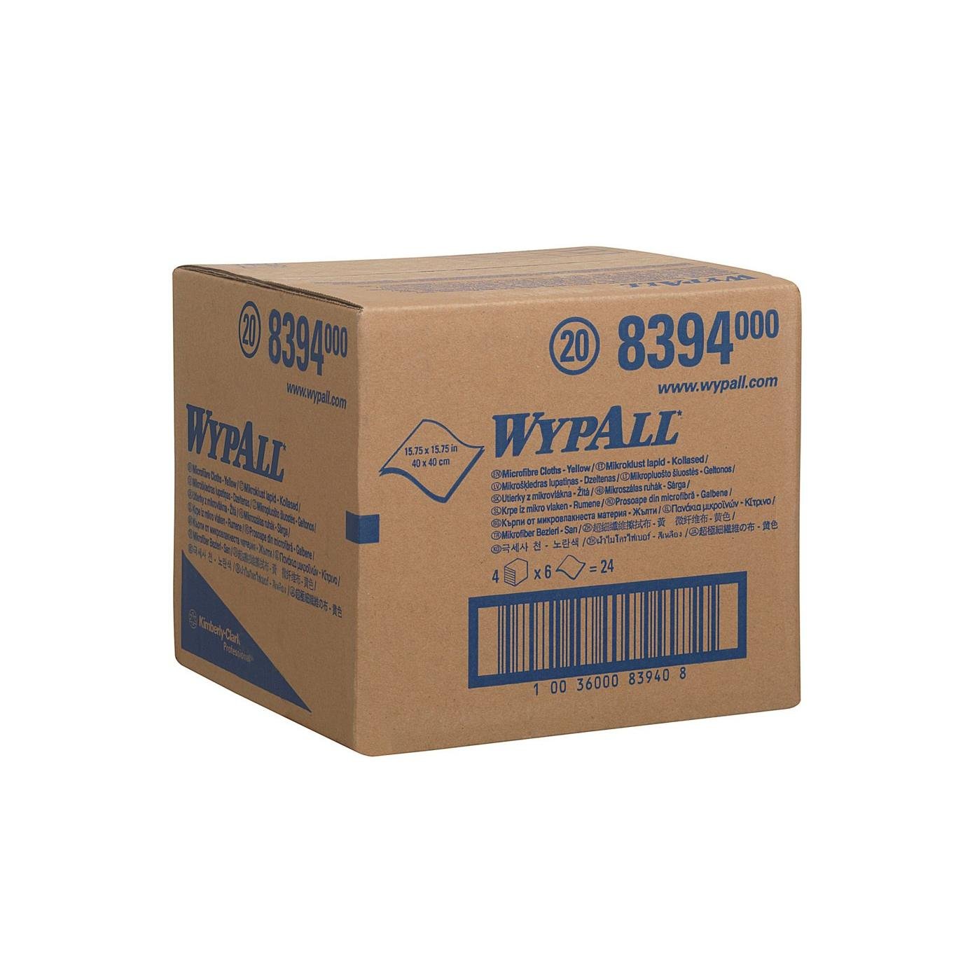 A brown box labeled "WypAll" with blue writing and the number 8394 contains WypAll® microfiber cloths - flat cloth / 40 x 40 cm by Kimberly-Clark GmbH. The sealed box shows product information, a barcode, and dimensions on the sides.
