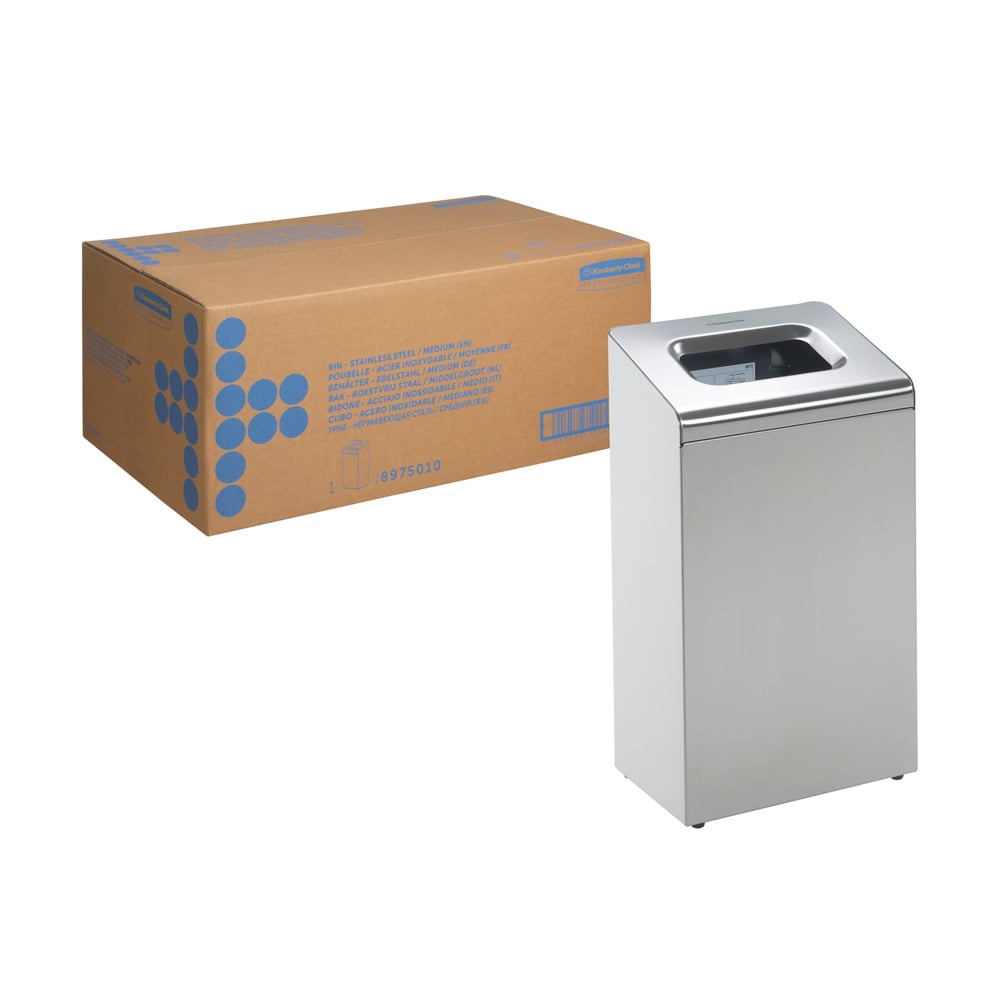 The Kimberly-Clark Professional™ metal/stainless steel waste container (medium, 1 bin) from Kimberly-Clark GmbH stands with a square opening next to a large brown shipping box with blue markings - ideal for the office.