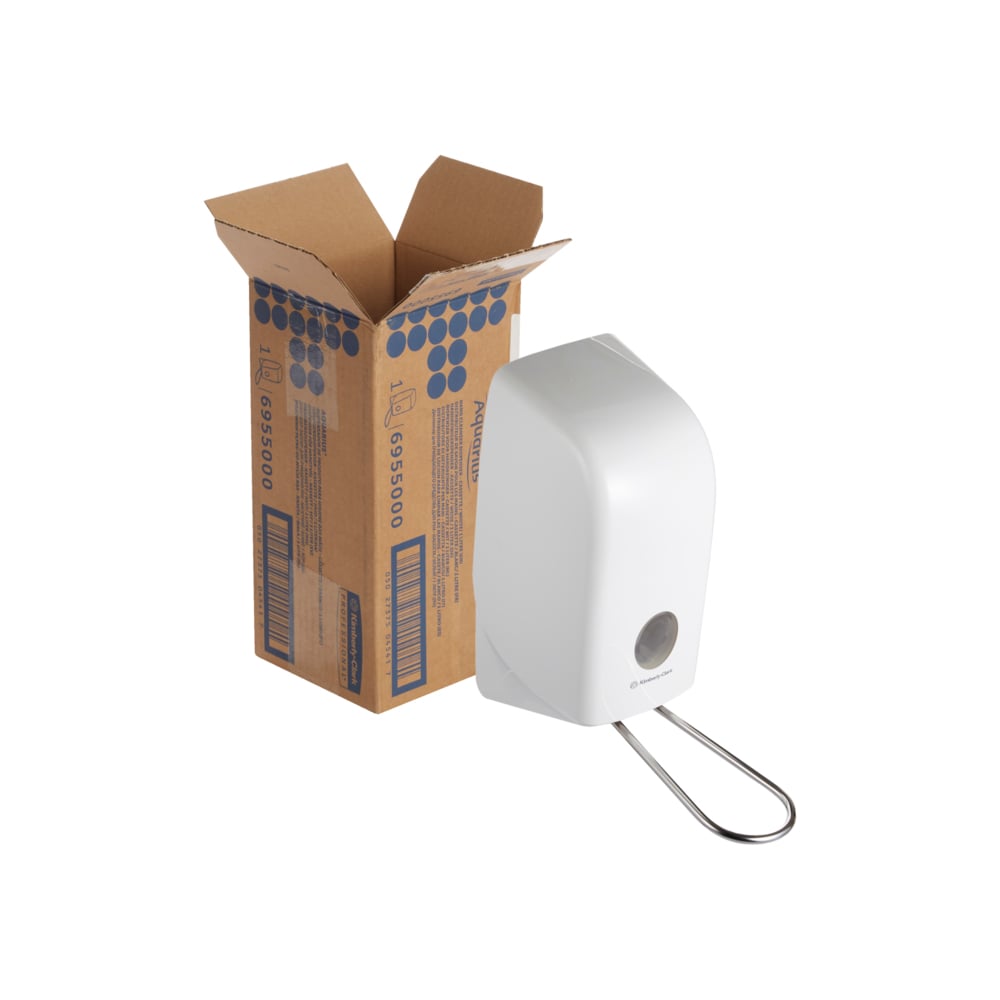 An open cardboard box stands next to a wall-mounted, white Kimberly-Clark GmbH Aquarius™ hand soap dispenser—cartridge / 1 Ltr—with a metal lever against a white background.