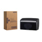 A cardboard box labeled "Aquarius" stands next to a black Kimberly-Clark GmbH Aquarius™ toilet paper dispenser (small rolls, 18.00 x 29.80 x 12.80 cm) with a transparent oval window, both on a solid white background.