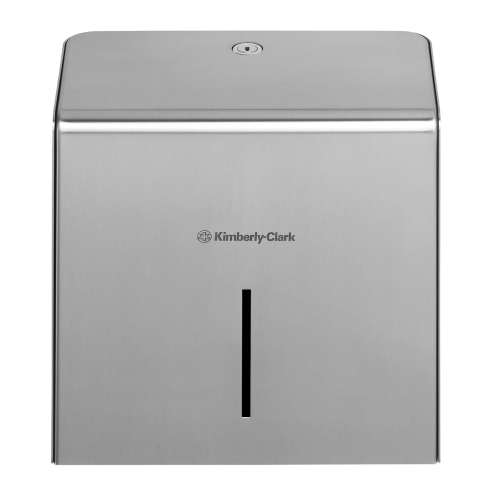 The Kimberly-Clark Professional™ Mini Jumbo Toilet Paper Dispenser (Stainless Steel) from Kimberly-Clark GmbH features a sturdy stainless steel design with a viewing slot and a keyhole at the top for easy access, offering both style and functionality.