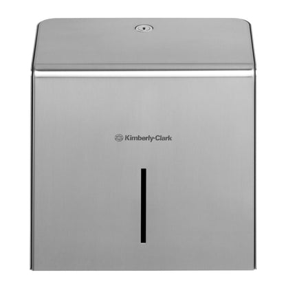 The Kimberly-Clark Professional™ Mini Jumbo Toilet Paper Dispenser (Stainless Steel) from Kimberly-Clark GmbH features a sturdy stainless steel design with a viewing slot and a keyhole at the top for easy access, offering both style and functionality.