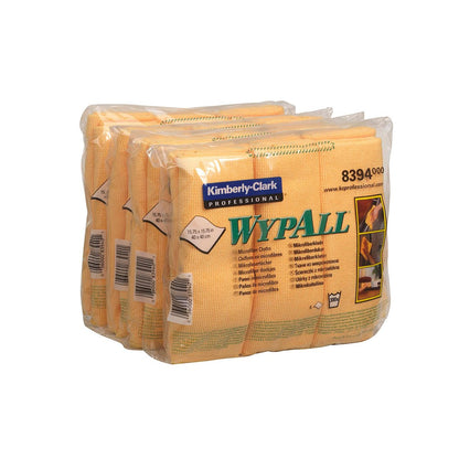 Pictured is a pack of WypAll® microfiber cloths - flat cloth (40 x 40 cm) by Kimberly-Clark GmbH wrapped in plastic with three yellow cloth packages, showing visible product information and instructions on the front.