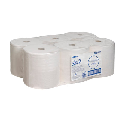 A box of six Scott® PERFORMANCE towel rolls in white from Kimberly-Clark GmbH, hygienic and environmentally friendly - each roll individually wrapped with white and blue label for easy, clean dispensing.