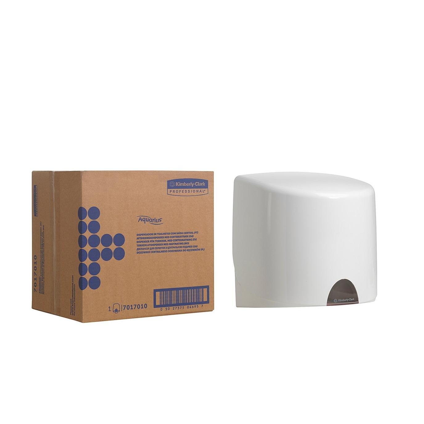 A box labeled "Kimberly-Clark GmbH" stands next to a white Aquarius™ towel dispenser - central dispensing, ideal for hygienic towel removal, on a plain white background.