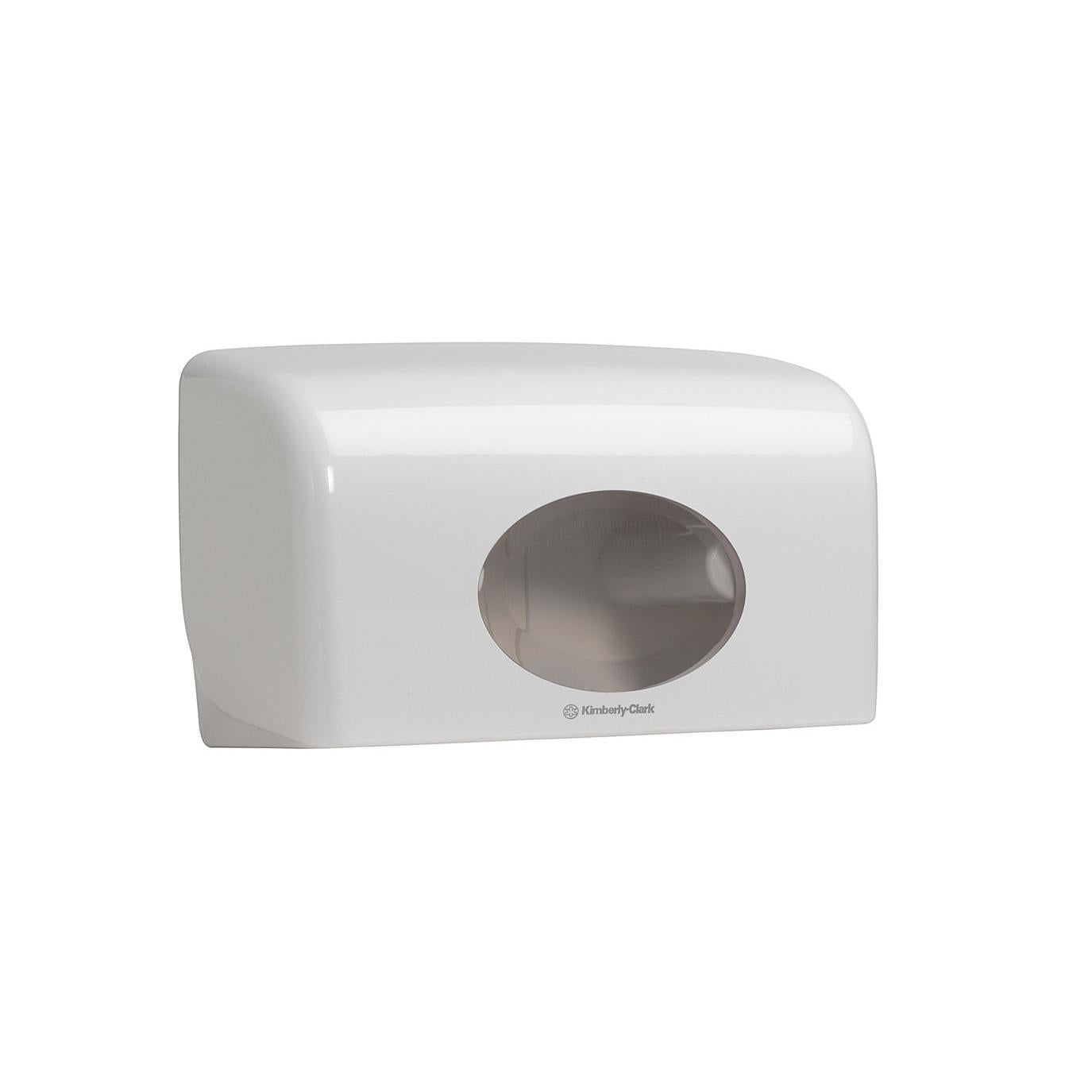 The Aquarius™ toilet paper dispenser for small rolls from Kimberly-Clark GmbH is a white plastic holder (18.00 cm x 29.80 cm x 12.80 cm) with a transparent, round window and the Kimberly-Clark logo, perfect for small toilet paper rolls.