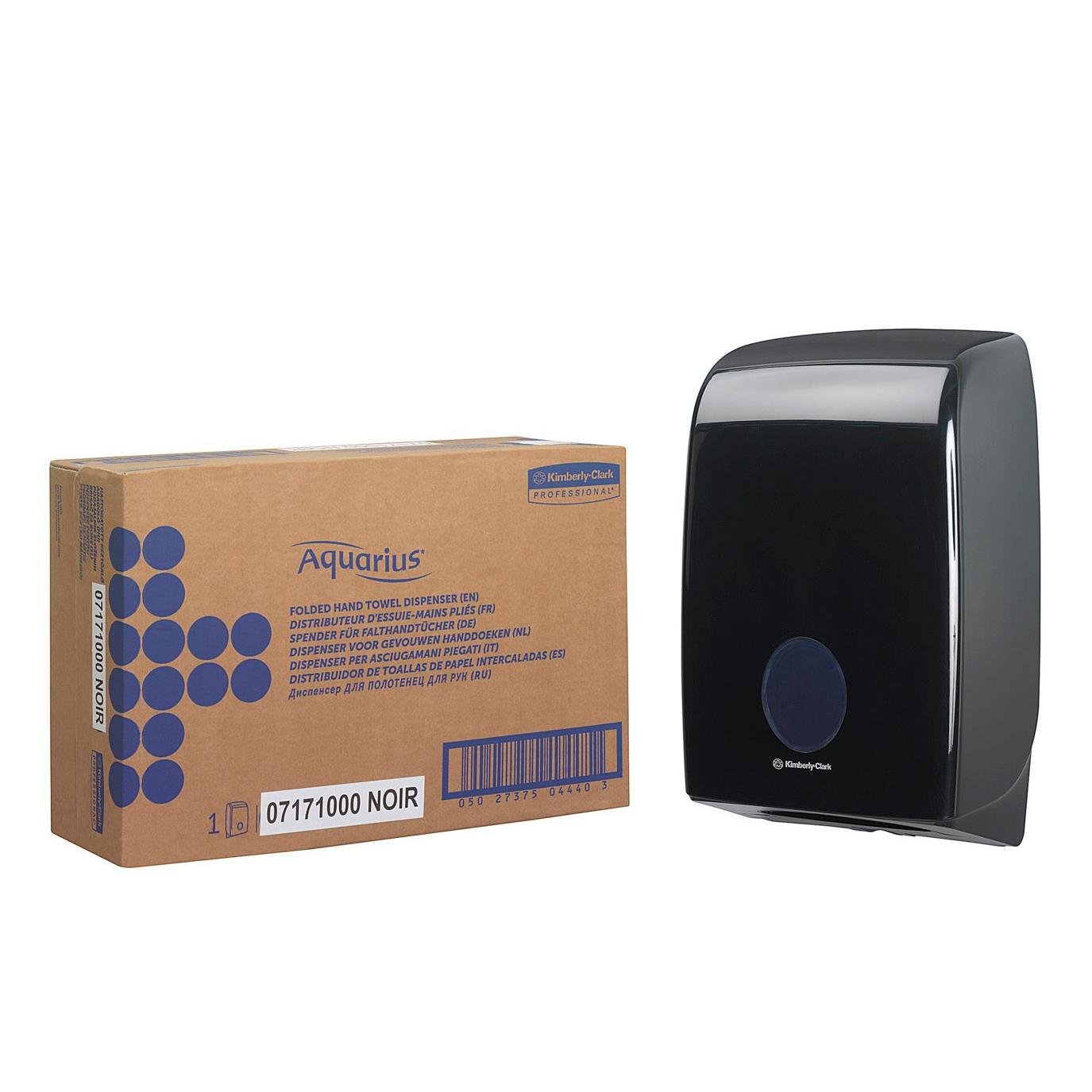 A brown box labeled "Kimberly-Clark GmbH" and a black Aquarius™ dispenser for folded towels - Interfold are depicted side by side against a white background.