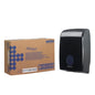 A brown box labeled "Kimberly-Clark GmbH" and a black Aquarius™ dispenser for folded towels - Interfold are depicted side by side against a white background.
