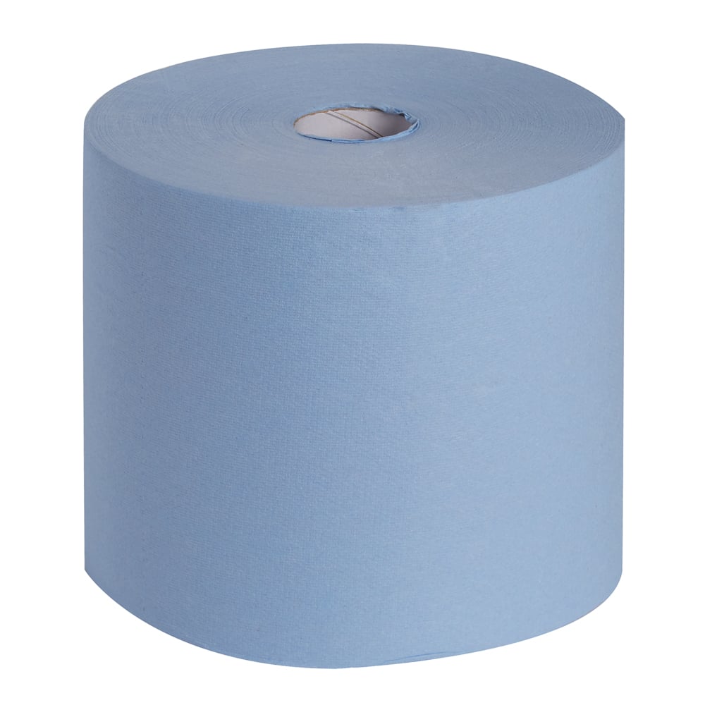 A large WypAll® L10 EXTRA+ wiper roll (38.00 cm x 23.50 cm) from Kimberly-Clark GmbH, light blue with visible cardboard core against a white background - ideal for cleaning surfaces.
