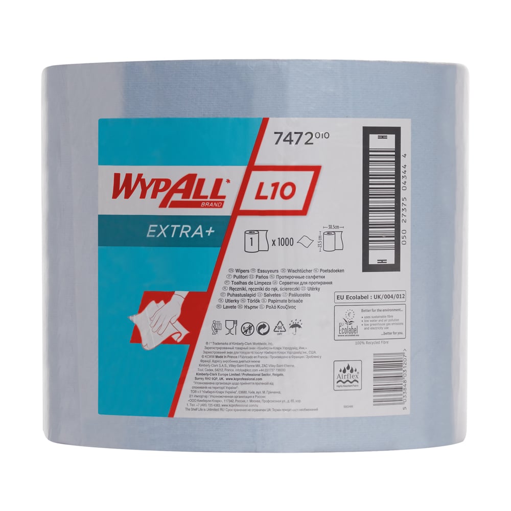 A large roll of WypAll® L10 EXTRA+ wipers (38.00 cm x 23.50 cm) from Kimberly-Clark GmbH, with a multilingual label featuring product information, brand, and illustrations for surface cleaning.