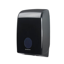 The black Aquarius™ dispenser for folded towels (Interfold) by Kimberly-Clark GmbH features a round front opening and a logo underneath and is designed for wall mounting. 1 dispenser per box, depicted on a white background.