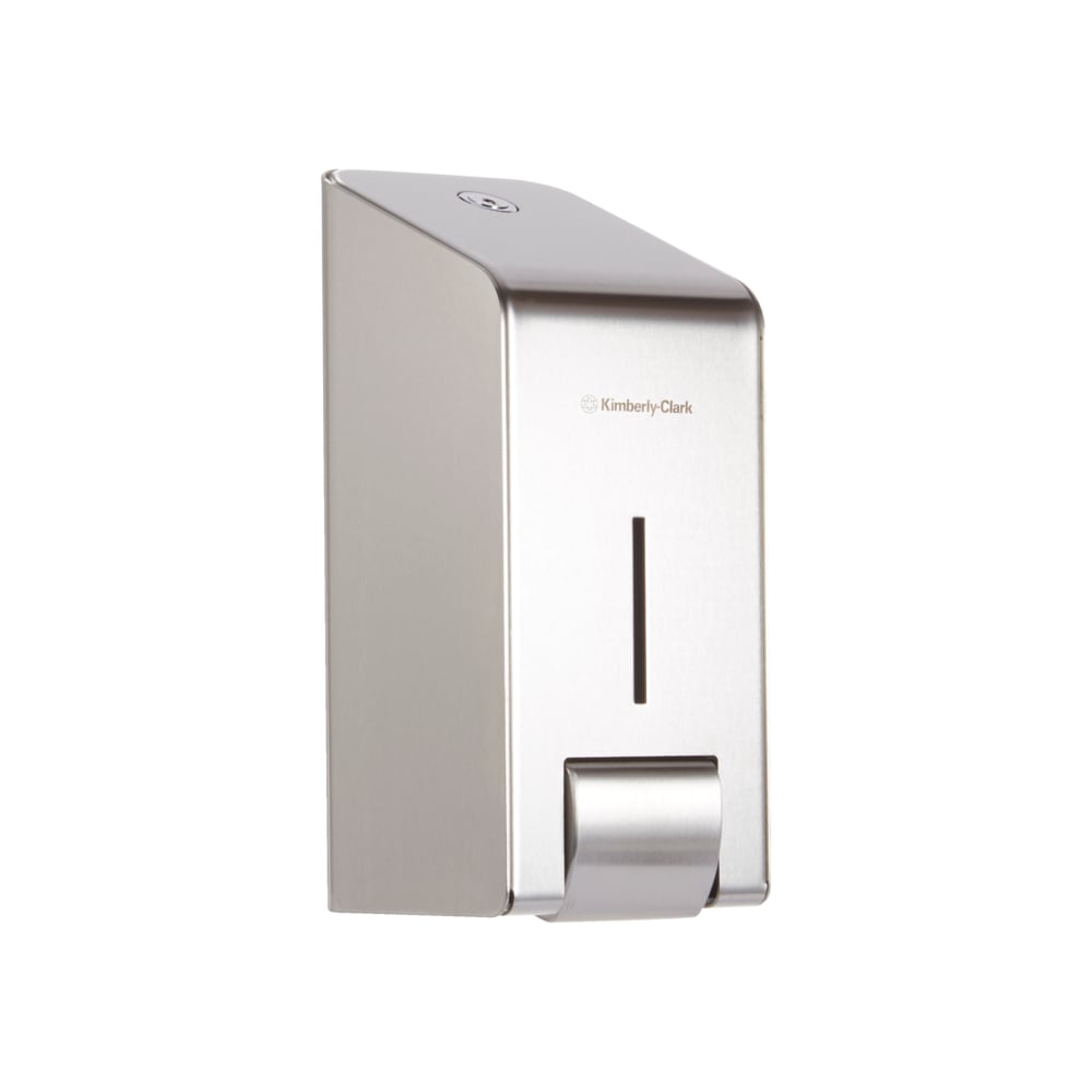 The Kimberly-Clark Professional™ stainless steel dispenser for washing lotions (1L) from Kimberly-Clark GmbH is wall-mounted, has a sleek viewing window, a lever at the bottom, and a modern design with a logo on the front.