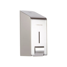 The Kimberly-Clark Professional™ stainless steel dispenser for washing lotions (1L) from Kimberly-Clark GmbH is wall-mounted, has a sleek viewing window, a lever at the bottom, and a modern design with a logo on the front.