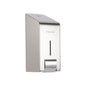 The Kimberly-Clark Professional™ stainless steel dispenser for washing lotions (1L) from Kimberly-Clark GmbH is wall-mounted, has a sleek viewing window, a lever at the bottom, and a modern design with a logo on the front.