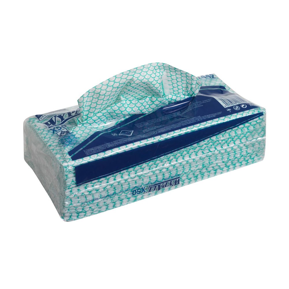 The WypAll® X50 Critical Clean Interfold cloths from Kimberly-Clark GmbH are packed in 6 green bags of 50 sheets each in a carton - ideal for environmentally friendly cleaning on the go.