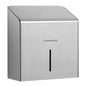 The Kimberly-Clark Professional™ Mini Jumbo Toilet Paper Dispenser made of stainless steel features a sloped top and a vertical viewing window set against a plain white background. Brand: Kimberly-Clark GmbH.