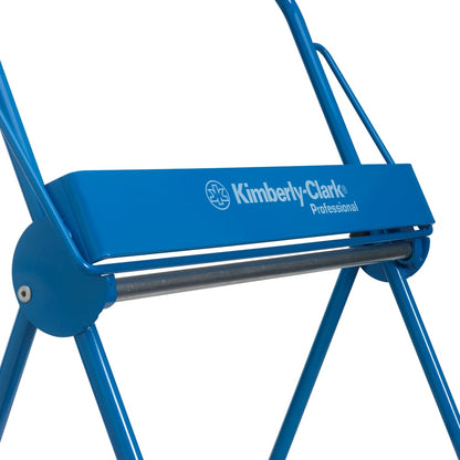 Close-up of the Kimberly-Clark GmbH Professional™ Wall Mount for Wiper Rolls - Large Roll, blue metal wall dispenser (1 dispenser), designed for efficient dispensing of paper towels.