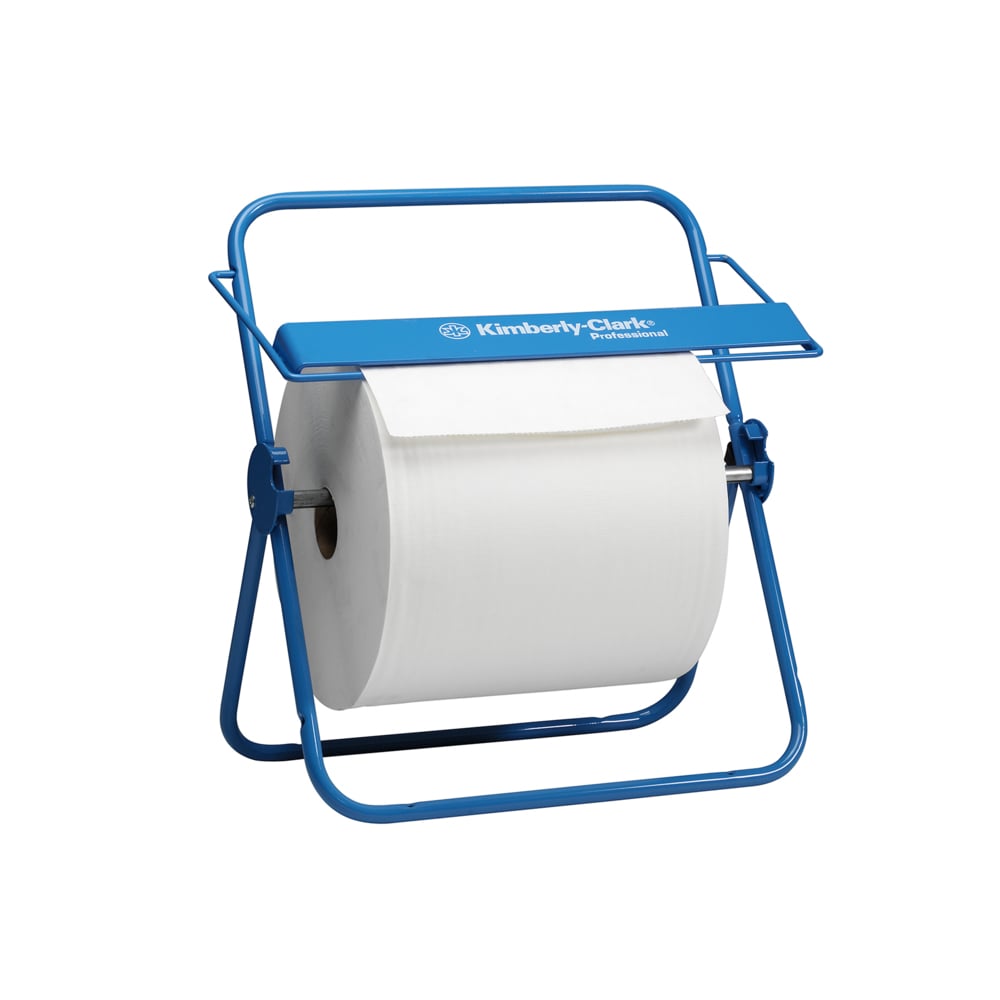 The Kimberly-Clark Professional™ Wall Mount for Wiper Rolls - Large Roll in blue from Kimberly-Clark GmbH is a durable wall dispenser with a handle, ideal for holding large wiper rolls and allowing easy access.