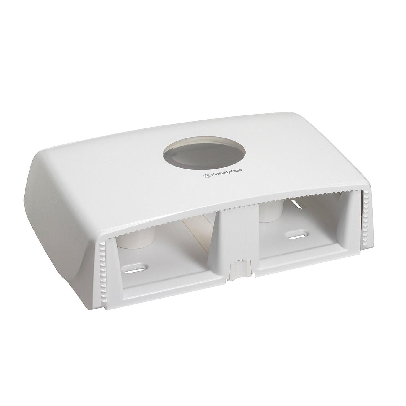 The Aquarius™ toilet paper dispenser by Kimberly-Clark GmbH is a white double roll dispenser for Jumbo Toilet Paper Mini, distinguished by its rectangular design and efficient paper dispensing - ideal for high-traffic restrooms.