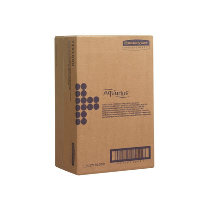 A brown cardboard box labeled "Aquarius™ Toilet Tissue Dispenser - Small Rolls" from Kimberly-Clark GmbH (18 x 29.8 x 12.8 cm) stands upright and is printed with black text and graphics on a white background.