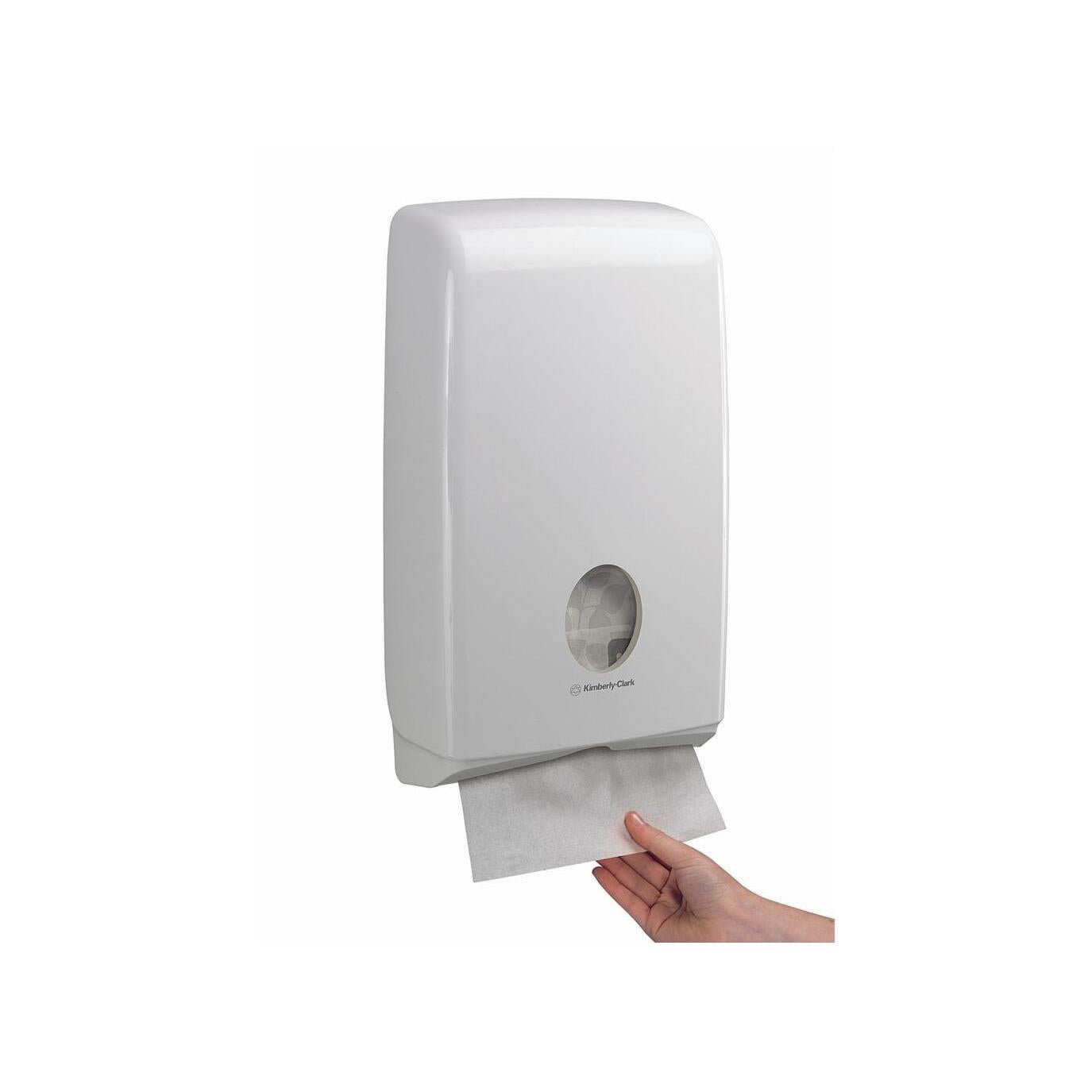 The Aquarius™ Slimfold™ dispenser for folded towels by Kimberly-Clark GmbH is a white, space-saving, wall-mounted towel dispenser with a viewing window for level control and convenient paper removal from the bottom.