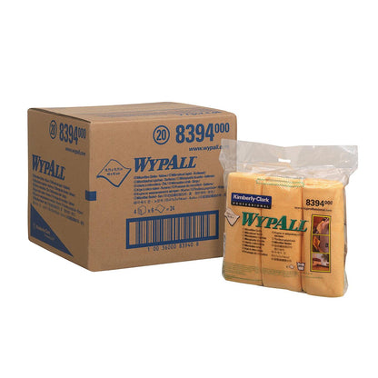 A box of WypAll® microfiber cloths - flat cloth (40 x 40 cm) by Kimberly-Clark GmbH stands next to a clear packaging with folded yellow microfiber cleaning cloths, both featuring product numbers and branding.