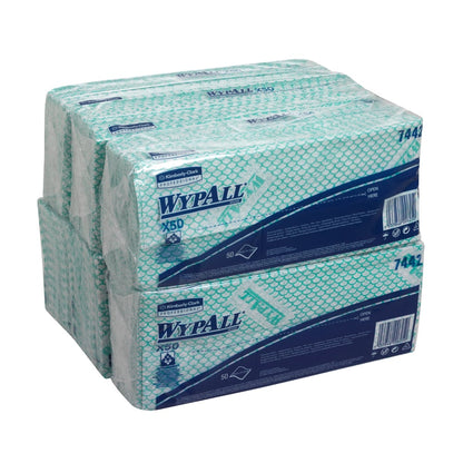 The WypAll® X50 Critical Clean Interfold in Green from Kimberly-Clark GmbH is delivered in 6 bags of 50 sheets each (carton, 6 bags), perfect for professional and environmentally friendly cleaning.