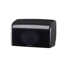 A black, rectangular Aquarius™ toilet paper dispenser from Kimberly-Clark GmbH (18.00 x 29.80 x 12.80 cm) with a transparent, oval window and the Kimberly-Clark logo below on a plain white background.