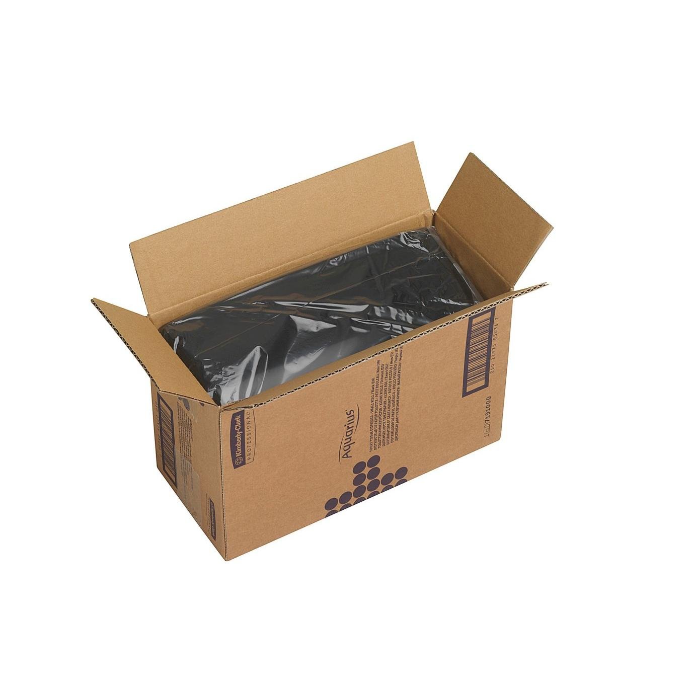 An open cardboard box with printed graphics shows inside a black plastic-wrapped Aquarius™ toilet paper dispenser (18.00 x 29.80 x 12.80 cm) from Kimberly-Clark GmbH against a plain white background.